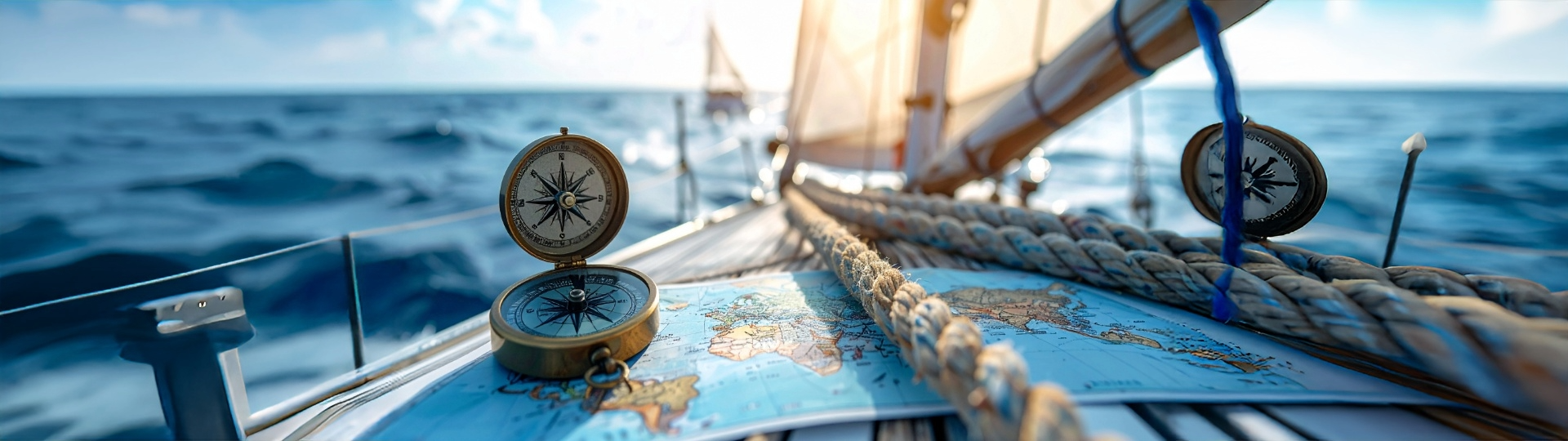 Sailboat on the open seas with navigation maps and compass on deck.